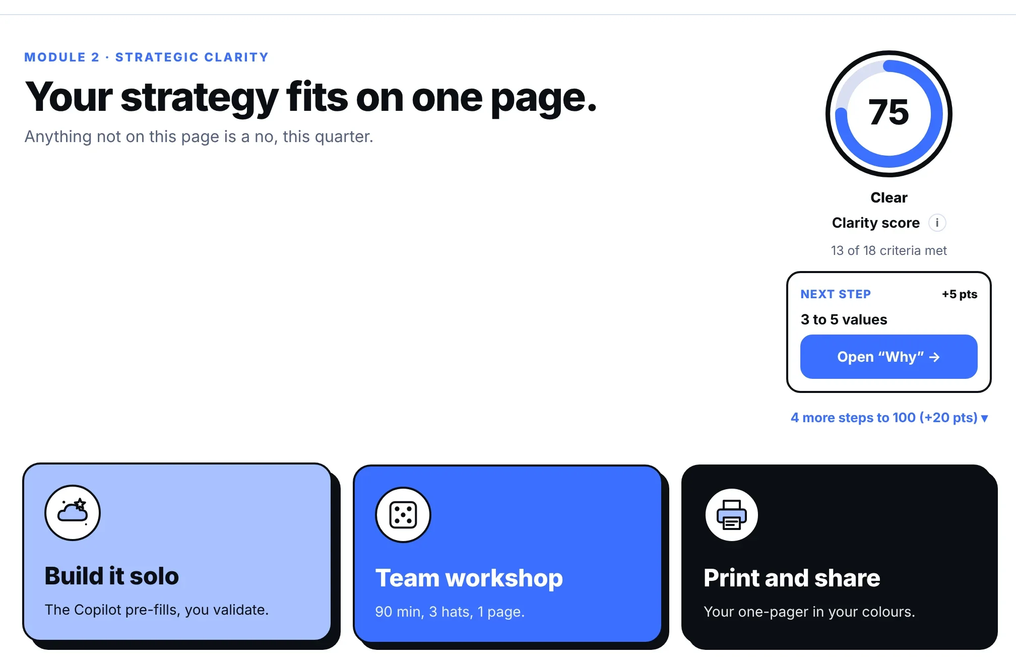 The Strategic Clarity screen of FounderOS on a fictional company.