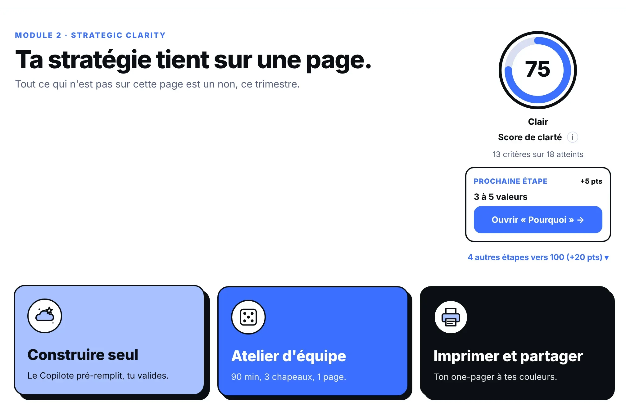 Écran Strategic Clarity de FounderOS sur une société fictive.