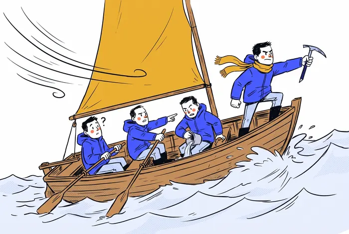 Le fondateur à la proue d'une barque indique le cap à son équipage.