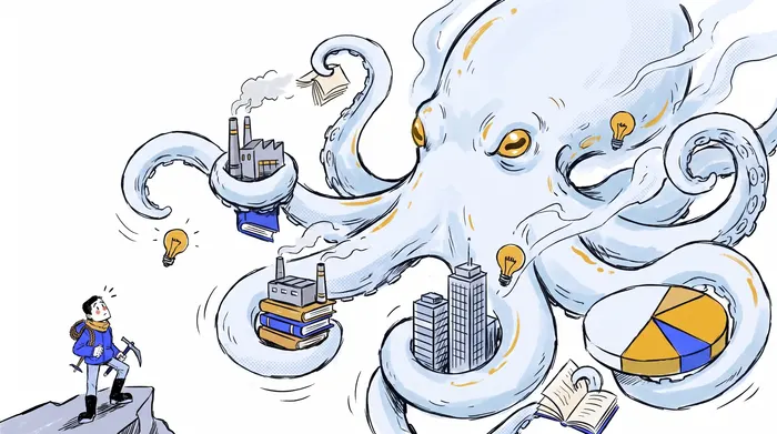 Une pieuvre géante tient des usines, des bureaux et des graphiques ; le fondateur la regarde, minuscule.
