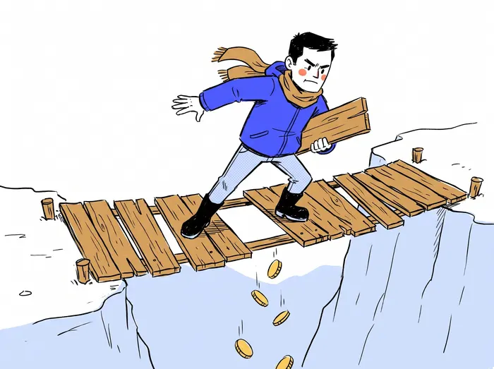 Le fondateur traverse un pont de planches pourries d'où tombent des pièces.
