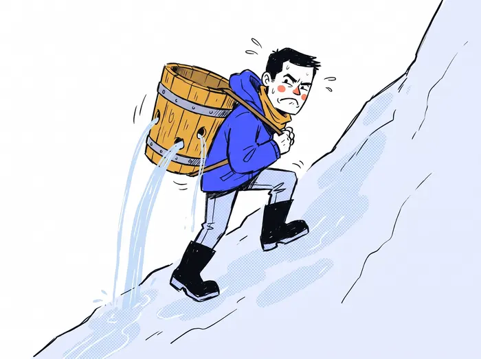 Un fondateur grimpe avec un seau qui fuit.
