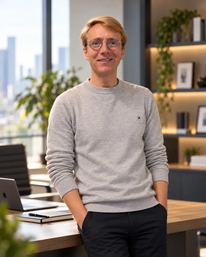 Thibaut Vanderhofstadt at the office, in a grey jumper, smiling.