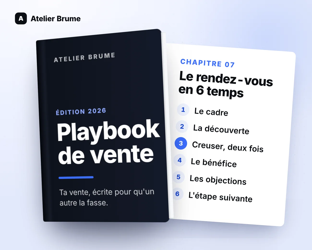 Illustration : le playbook de vente d'Atelier Brume, société fictive.